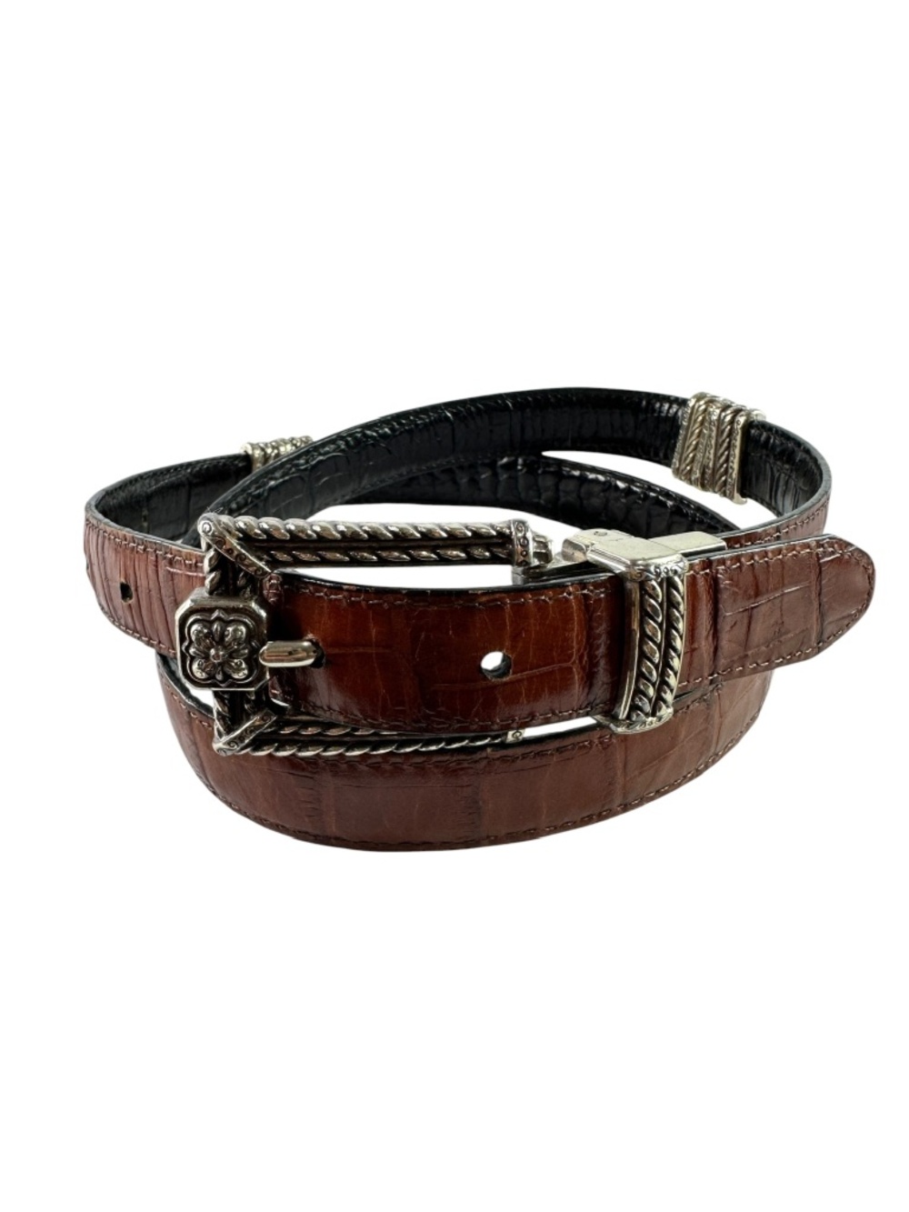 Vintage BRIGHTON Black Brown Reversible Croc Embossed Leather Belt 36 Unisex